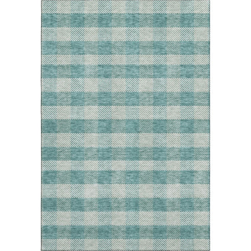 8' X 10' Teal And Ivory Plaid Washable Area Rug With UV Protection