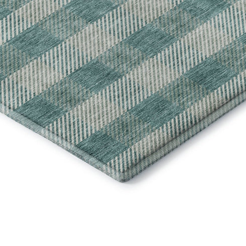 8' X 10' Teal And Ivory Plaid Washable Area Rug With UV Protection