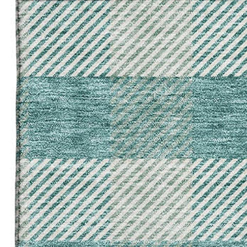 8' X 10' Teal And Ivory Plaid Washable Area Rug With UV Protection