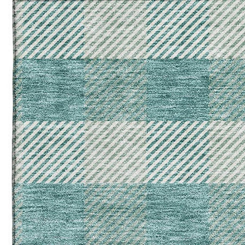 8' X 10' Teal And Ivory Plaid Washable Area Rug With UV Protection