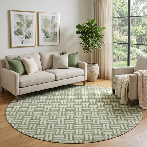 8' Green And Ivory Abstract Geometric Washable Round Rug With UV Protection