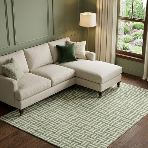 8' X 10' Green And Ivory Abstract Geometric Washable Area Rug With UV Protection