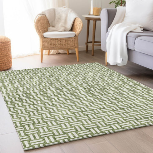 8' X 10' Green And Ivory Abstract Geometric Washable Area Rug With UV Protection