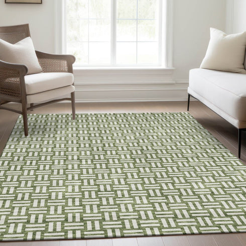 8' X 10' Green And Ivory Abstract Geometric Washable Area Rug With UV Protection