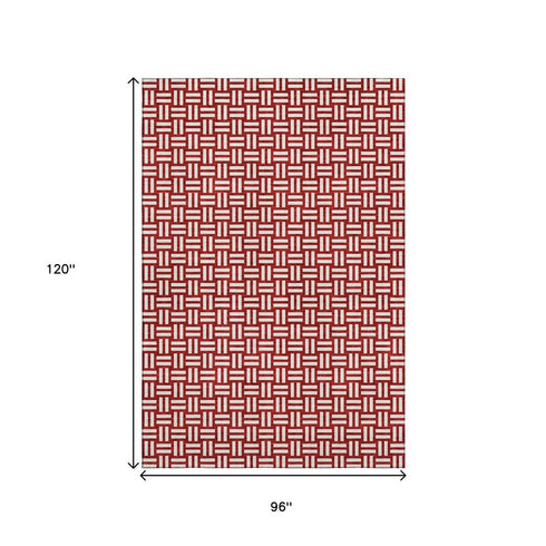 8' X 10' Red And Ivory Abstract Geometric Washable Area Rug With UV Protection