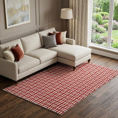 8' X 10' Red And Ivory Abstract Geometric Washable Area Rug With UV Protection