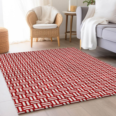 8' X 10' Red And Ivory Abstract Geometric Washable Area Rug With UV Protection