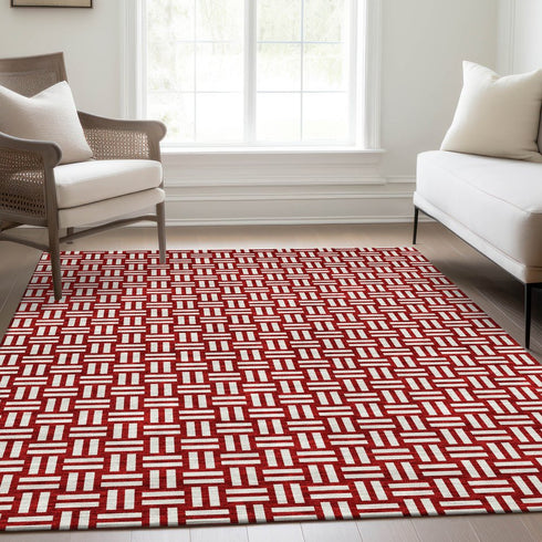 8' X 10' Red And Ivory Abstract Geometric Washable Area Rug With UV Protection