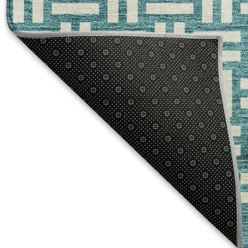 8' X 10' Teal And Ivory Abstract Geometric Washable Area Rug With UV Protection
