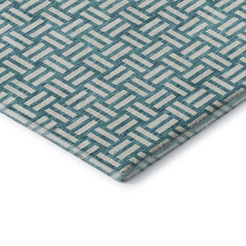 8' X 10' Teal And Ivory Abstract Geometric Washable Area Rug With UV Protection