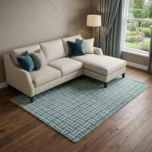8' X 10' Teal And Ivory Abstract Geometric Washable Area Rug With UV Protection