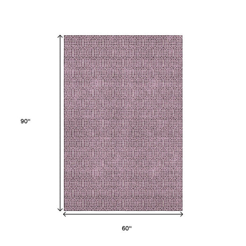 5' X 8' Eggplant And Ivory Geometric Washable Area Rug With UV Protection