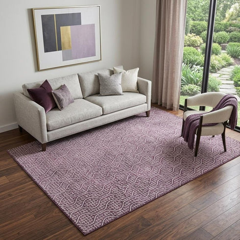 5' X 8' Eggplant And Ivory Geometric Washable Area Rug With UV Protection