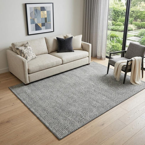 5' X 8' Gray And Ivory Geometric Washable Area Rug With UV Protection