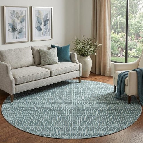 8' Teal And Ivory Geometric Washable Round Rug With UV Protection
