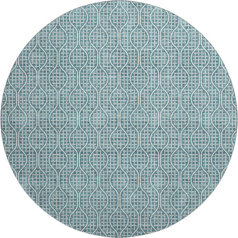 8' Teal And Ivory Geometric Washable Round Rug With UV Protection