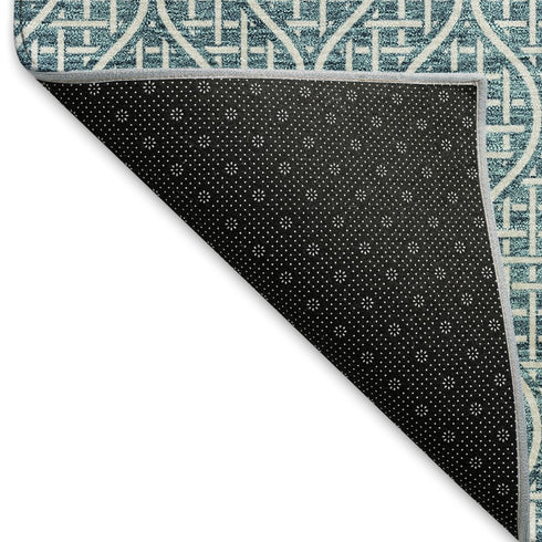 8' Teal And Ivory Geometric Washable Round Rug With UV Protection