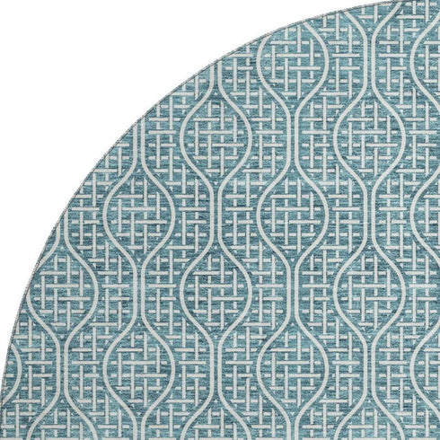 8' Teal And Ivory Geometric Washable Round Rug With UV Protection