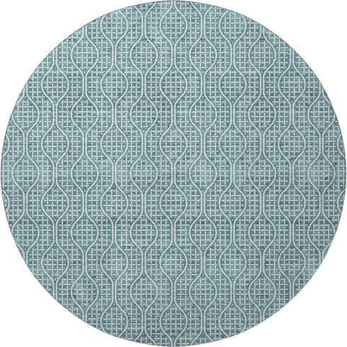 8' Teal And Ivory Geometric Washable Round Rug With UV Protection