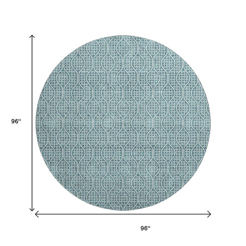 8' Teal And Ivory Geometric Washable Round Rug With UV Protection