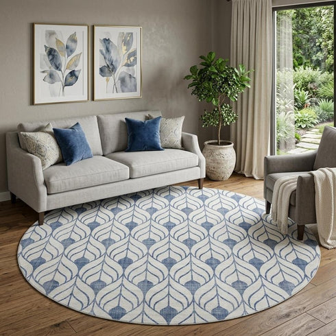 8' Blue And Ivory Geometric Washable Round Rug With UV Protection
