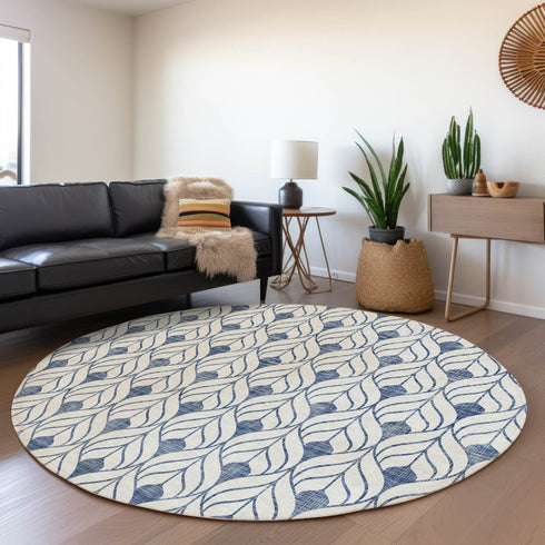 8' Blue And Ivory Geometric Washable Round Rug With UV Protection