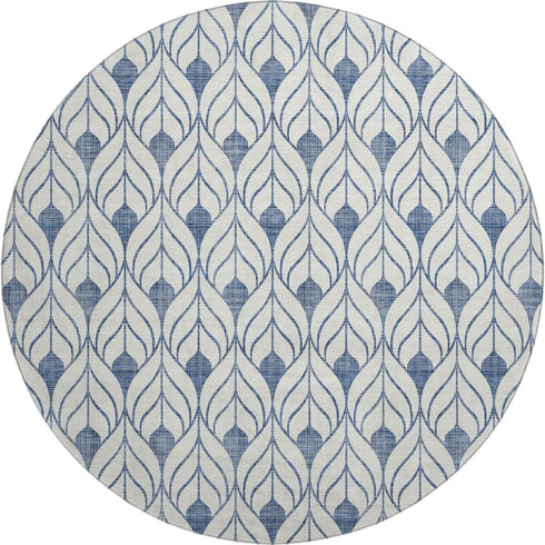 8' Blue And Ivory Geometric Washable Round Rug With UV Protection