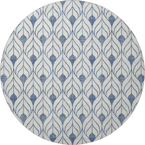 8' Blue And Ivory Geometric Washable Round Rug With UV Protection