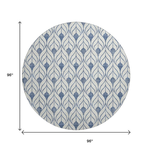 8' Blue And Ivory Geometric Washable Round Rug With UV Protection
