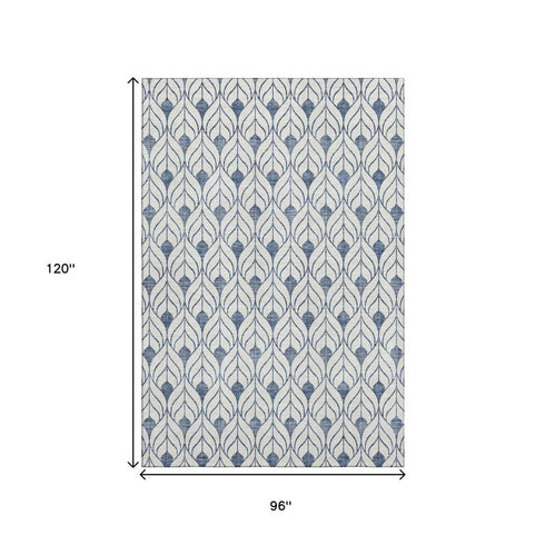 8' X 10' Blue And Ivory Geometric Washable Area Rug With UV Protection