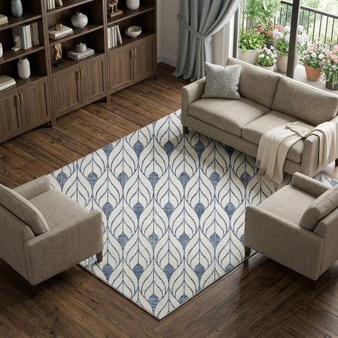 8' X 10' Blue And Ivory Geometric Washable Area Rug With UV Protection