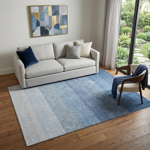 5' X 8' Blue And Ivory Ombre Washable Area Rug With UV Protection
