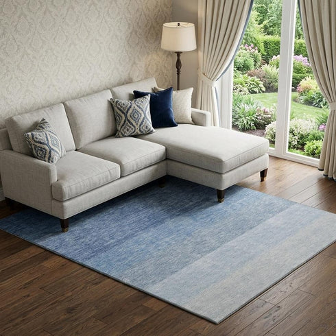 9' X 12' Blue And Ivory Ombre Washable Area Rug With UV Protection