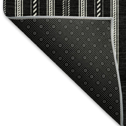 5' X 8' Black And Ivory Striped Washable Area Rug With UV Protection