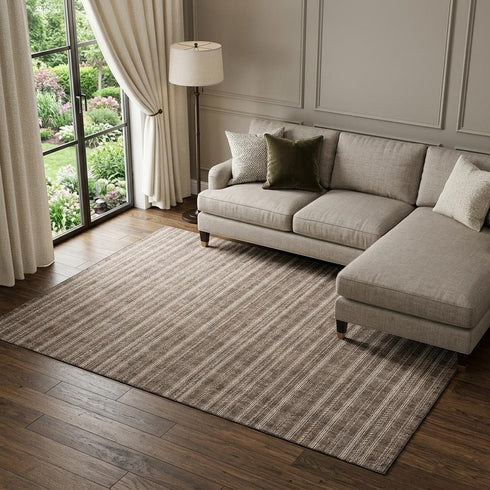 8' X 10' Brown And Ivory Striped Washable Area Rug With UV Protection