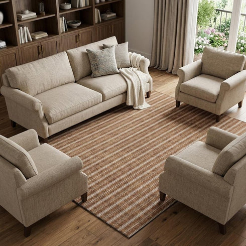 9' X 12' Terra Cotta And Beige Striped Washable Area Rug With UV Protection