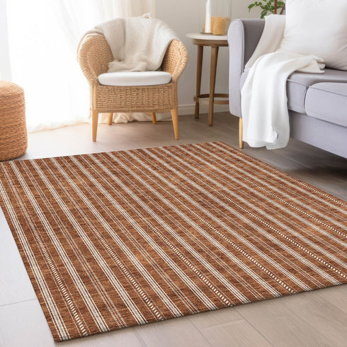 9' X 12' Terra Cotta And Beige Striped Washable Area Rug With UV Protection