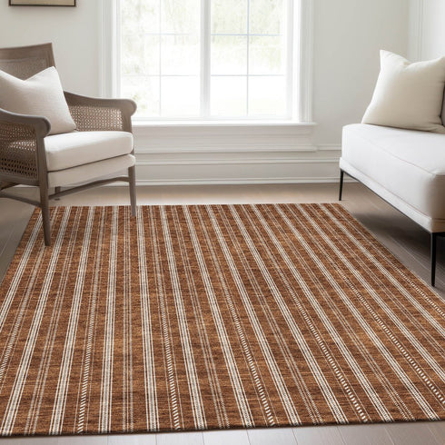 9' X 12' Terra Cotta And Beige Striped Washable Area Rug With UV Protection