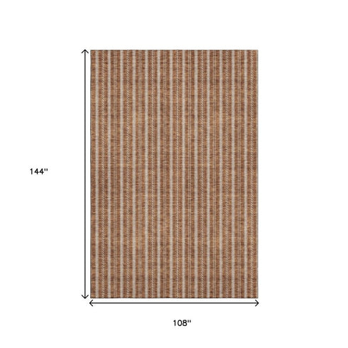 9' X 12' Terra Cotta And Beige Striped Washable Area Rug With UV Protection