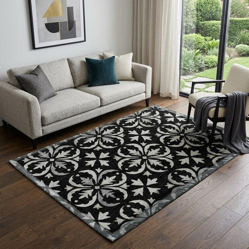 5' X 8' Black And Ivory Floral Washable Area Rug With UV Protection