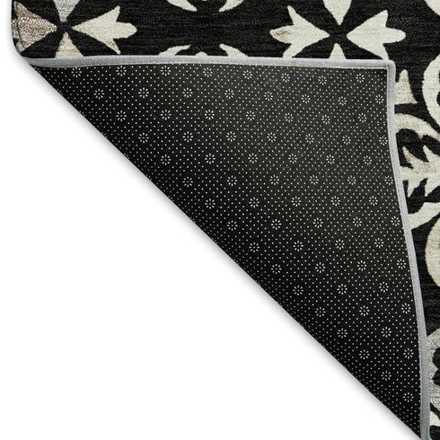 5' X 8' Black And Ivory Floral Washable Area Rug With UV Protection