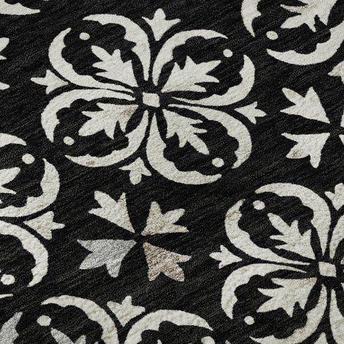 5' X 8' Black And Ivory Floral Washable Area Rug With UV Protection
