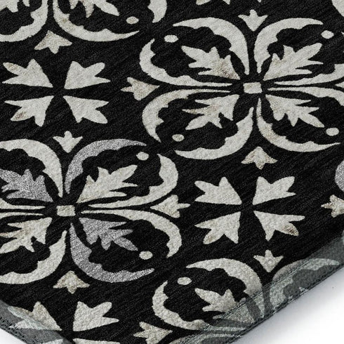 5' X 8' Black And Ivory Floral Washable Area Rug With UV Protection