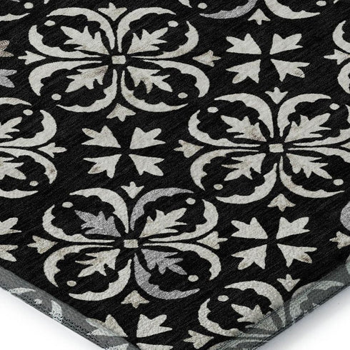 5' X 8' Black And Ivory Floral Washable Area Rug With UV Protection