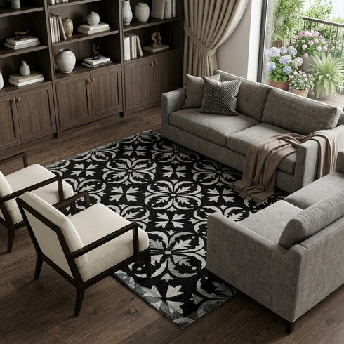 8' X 10' Black And Ivory Floral Washable Area Rug With UV Protection