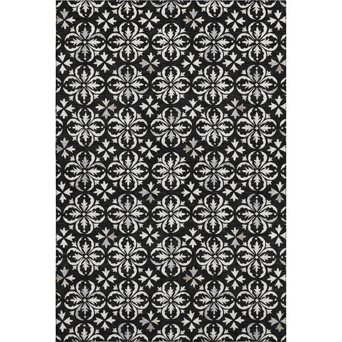 8' X 10' Black And Ivory Floral Washable Area Rug With UV Protection