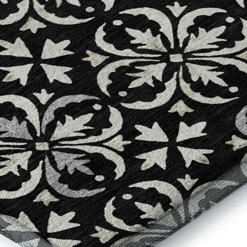 8' X 10' Black And Ivory Floral Washable Area Rug With UV Protection