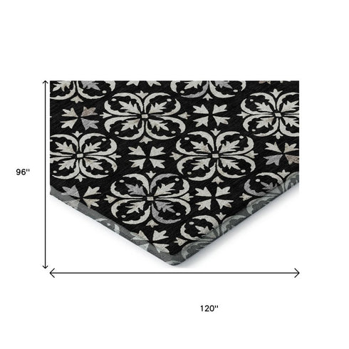 8' X 10' Black And Ivory Floral Washable Area Rug With UV Protection