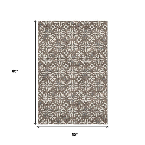 5' X 8' Brown And Ivory Floral Washable Area Rug With UV Protection
