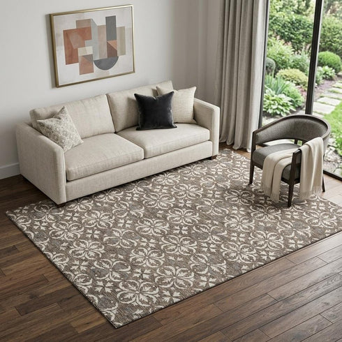 5' X 8' Brown And Ivory Floral Washable Area Rug With UV Protection